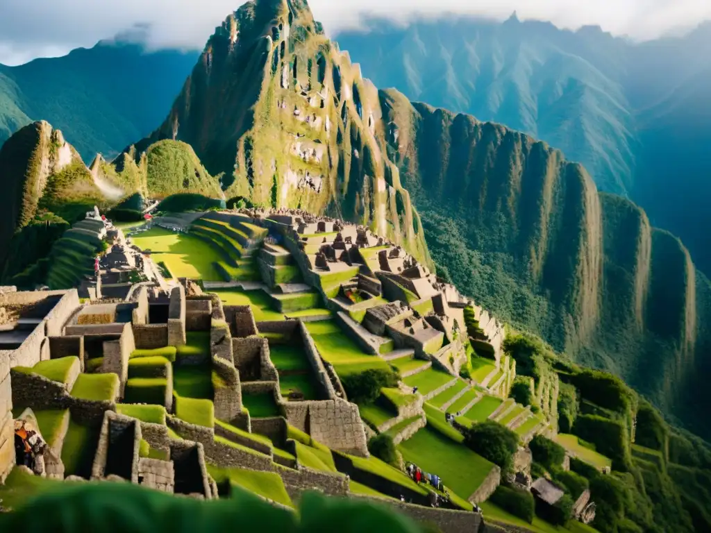 Equipo multicultural restaurando con delicadeza las piedras de Machu Picchu al amanecer, en conexión con su espíritu sagrado