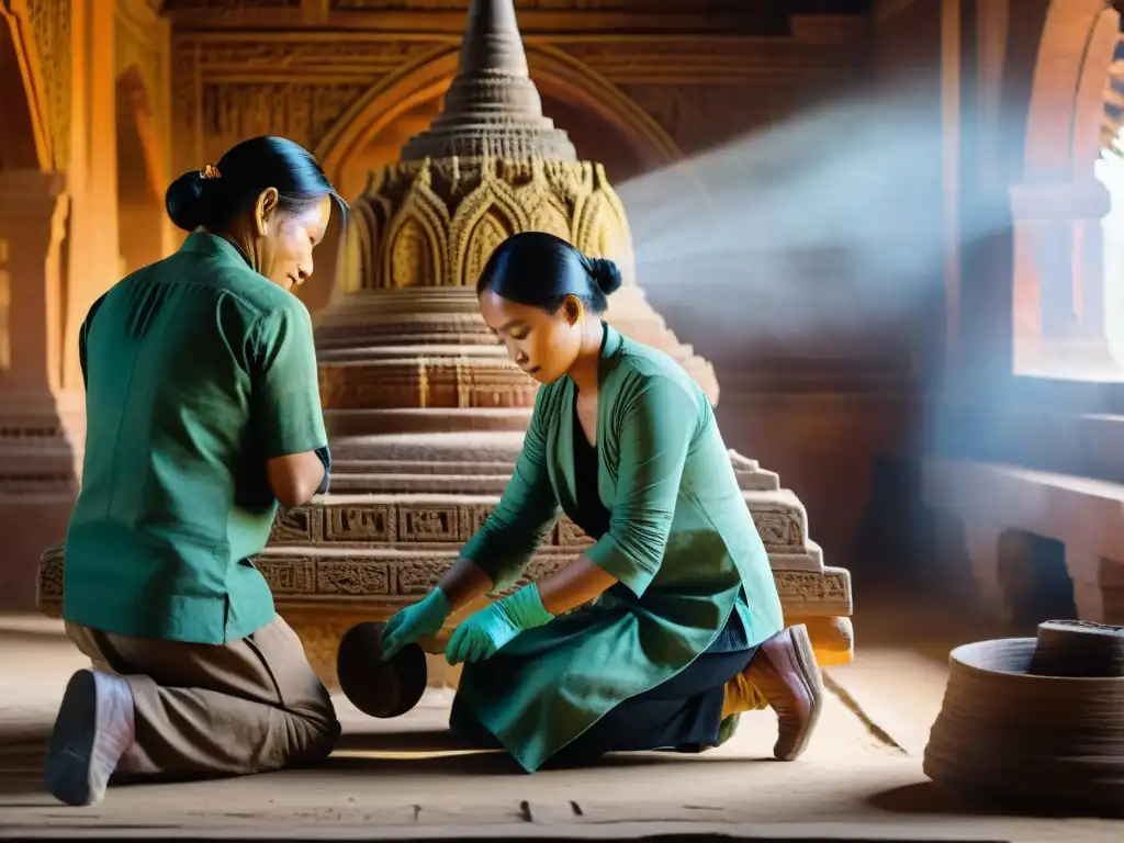 Equipo de restauración preservando una pagoda milenaria en Bagan, Myanmar, destacando sus detalles