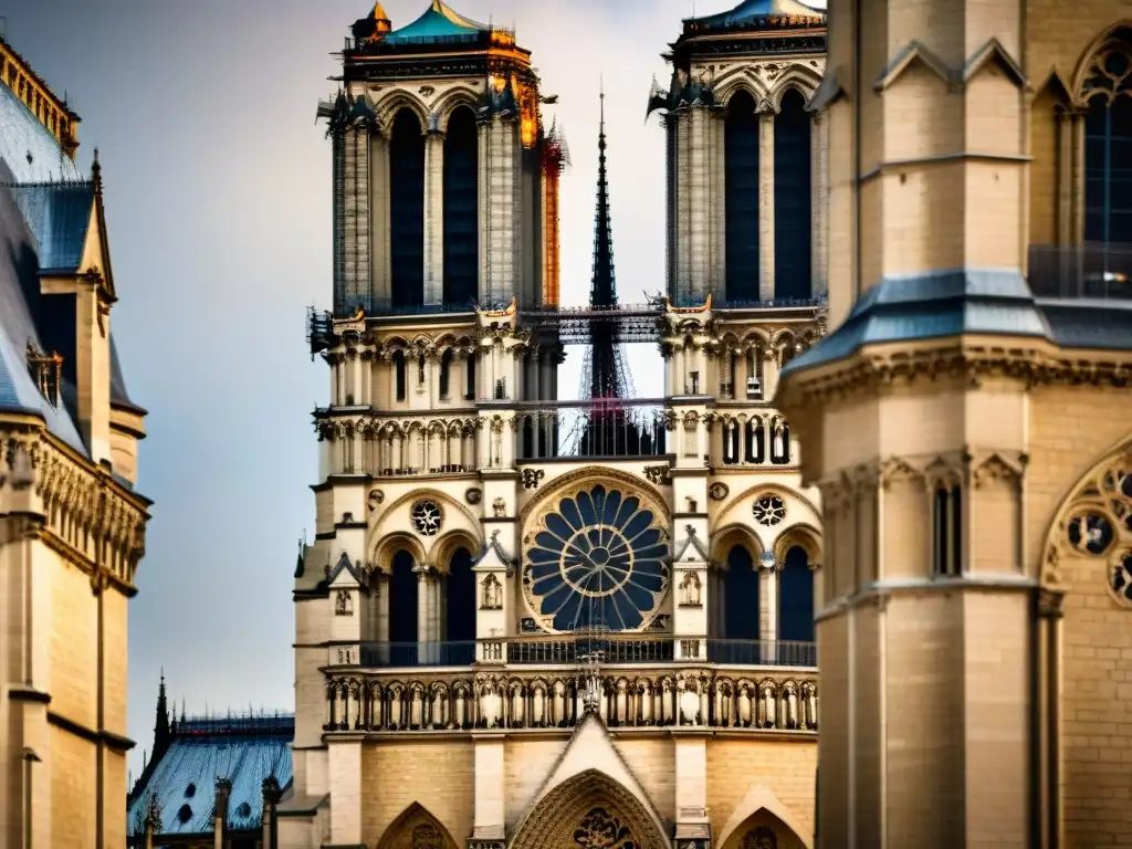 Equipo de restauración de la Catedral Notre Dame trabajando con delicadeza en la piedra, mientras la luz del sol ilumina la escena
