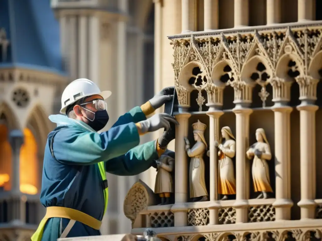 Equipo de restauración de la Catedral Notre Dame limpiando detalladas esculturas de piedra bajo la cálida luz del sol