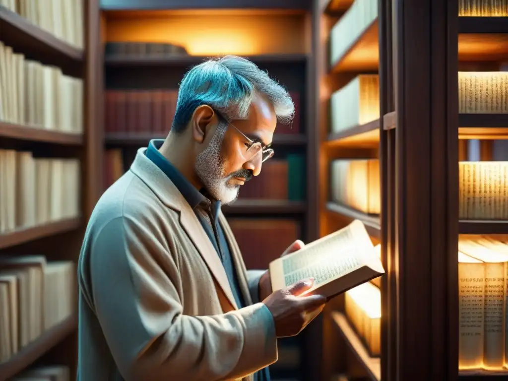 Un erudito compara un texto antiguo con un tablet en un estudio acogedor y repleto de libros