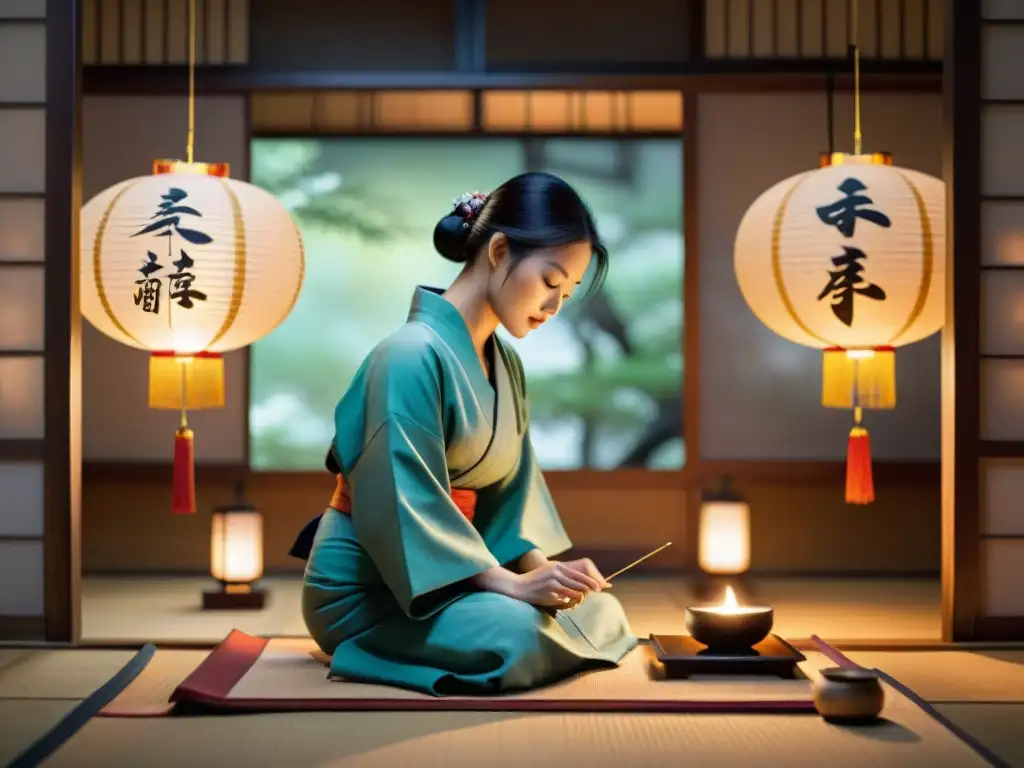 Una escena de acupuntura japonesa tradicional en una habitación serena con prácticas curativas antiguas Japón