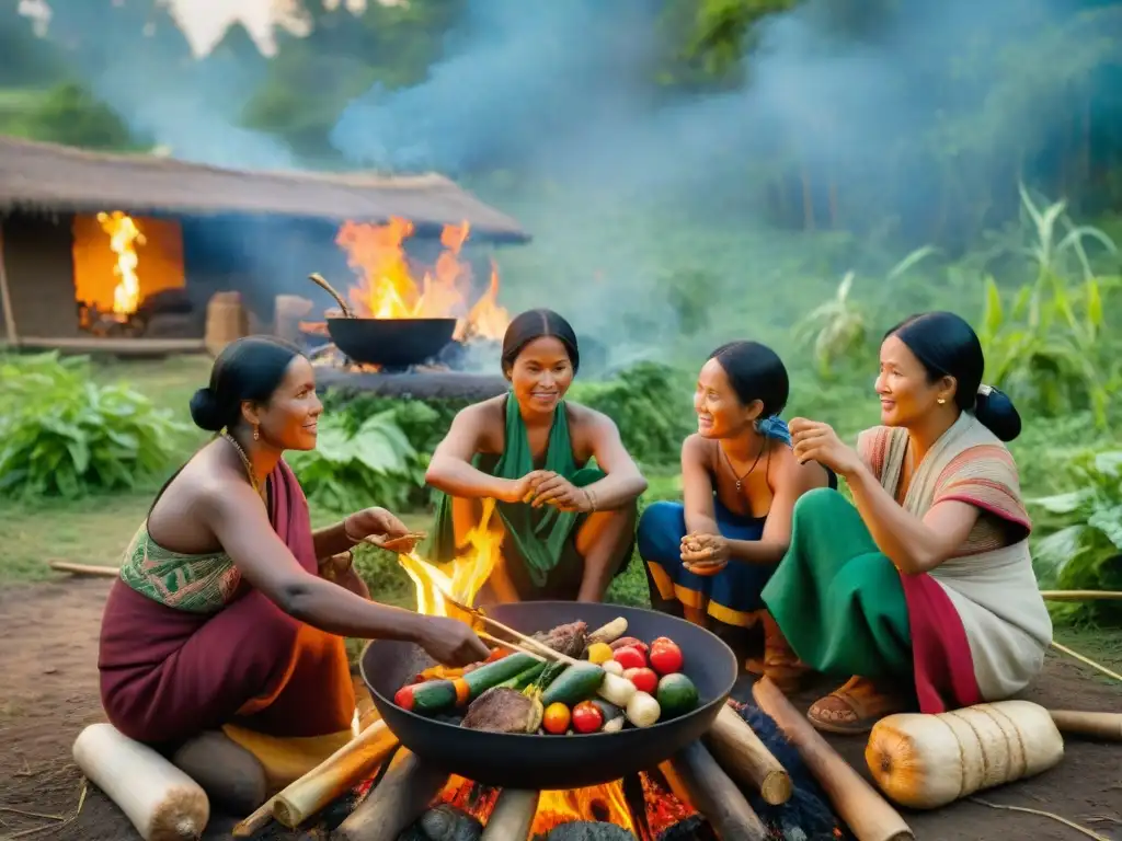 Una escena ancestral en el bosque: preparación de alimentos alrededor del fuego