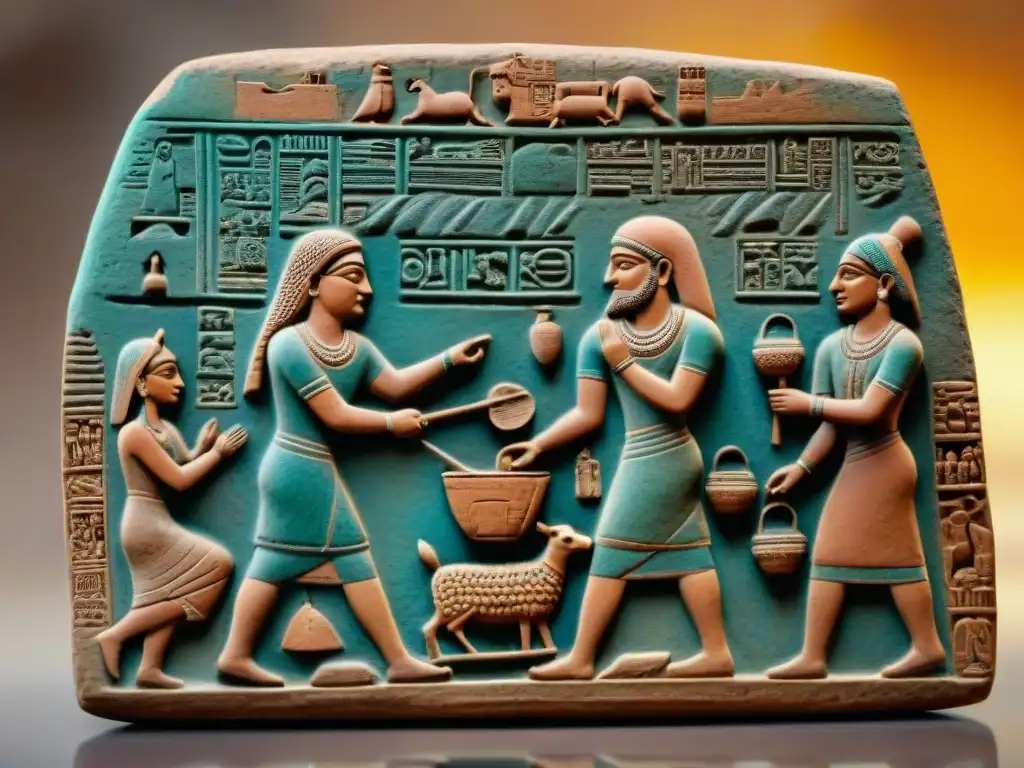 Escena animada de la vida cotidiana en Mesopotamia: comerciantes, clientes, ganado y un río sereno al atardecer