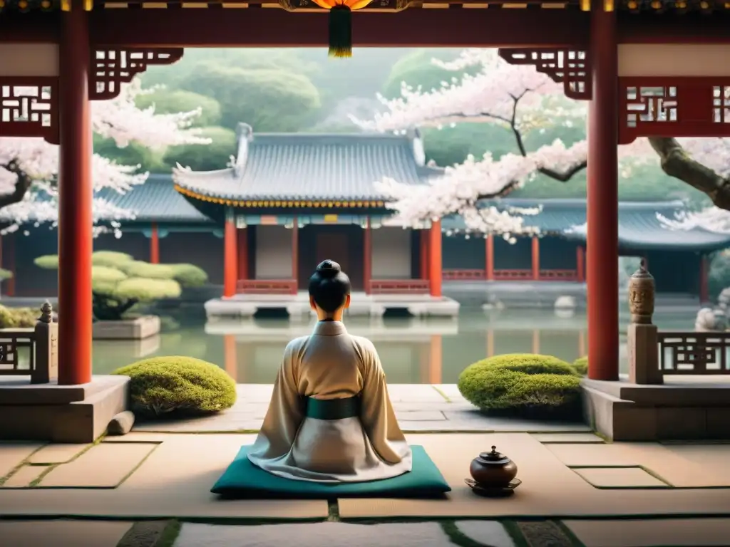 Escena de meditación en la antigua China: serenidad bajo un cerezo en flor, rodeado de arquitectura tradicional y misticismo