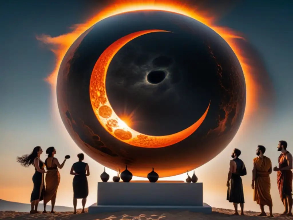 Escena antigua de un eclipse solar en jarrón griego: simbolismo eclipses arte antiguo