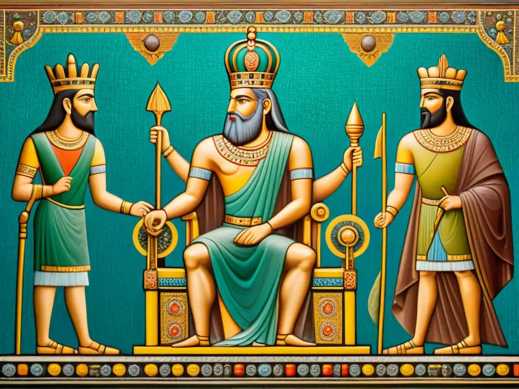 Mosaico Mesopotamia: Rey en trono rodeado de corte Escena de la antigua Mesopotamia: un rey en su trono rodeado de cortesanos y soldados, exhibiendo autoridad y responsabilidad moral