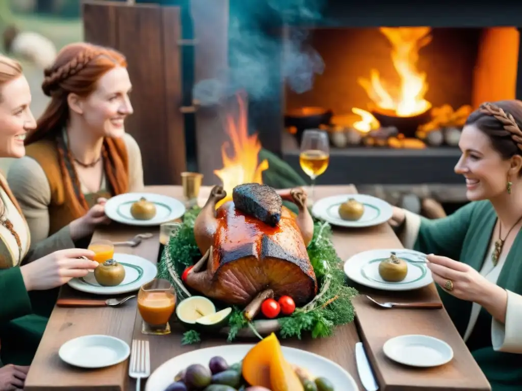 Escena de banquete celta antiguo con sabores tradicionales y cálida atmósfera de conversación y risas