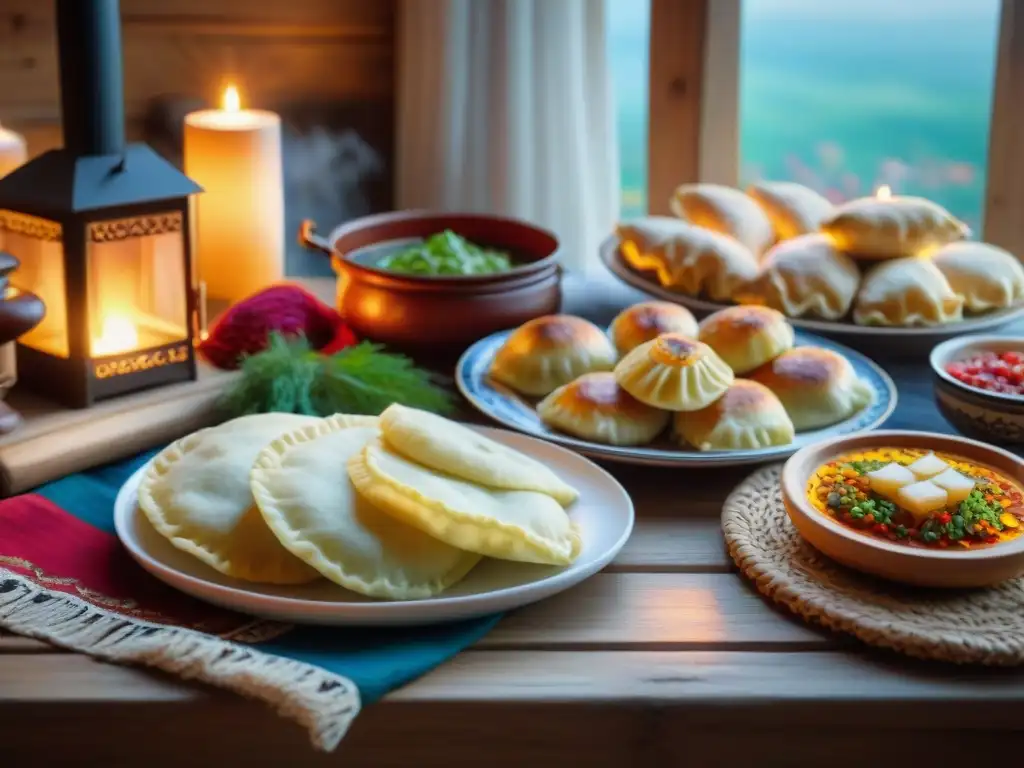 Una escena cálida de un festín eslavo tradicional con platos como pierogies, borscht y pastel de miel