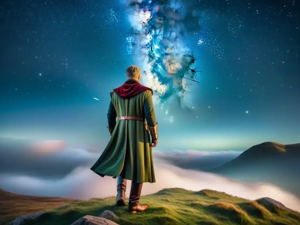 Escena celestial de Camelot con constelaciones de la Épica Artúrica y astros brillantes, evocando el destino místico