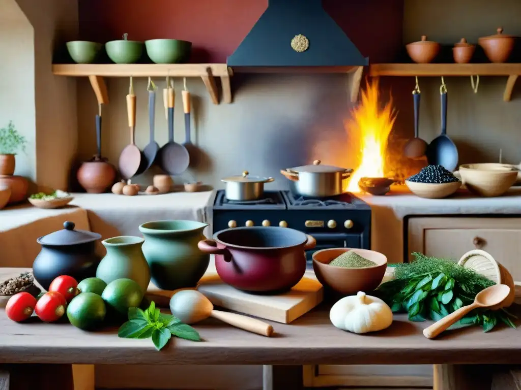 Escena celta: mesa rústica con ingredientes variados y utensilios antiguos junto a fuego