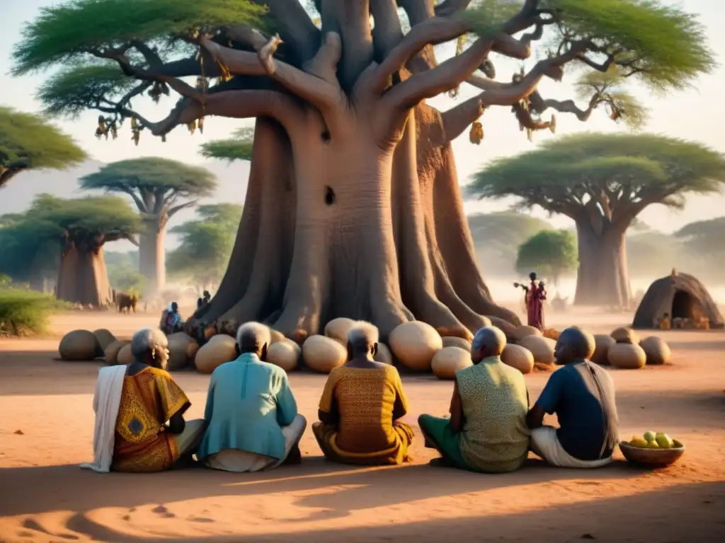 Una escena conmovedora de ancianos africanos en un círculo bajo un baobab, envueltos en una discusión ancestral