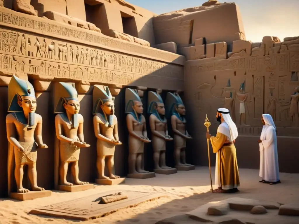 Escena de culto de animales en el antiguo Egipto: ritual de sacrificio en un templo al atardecer