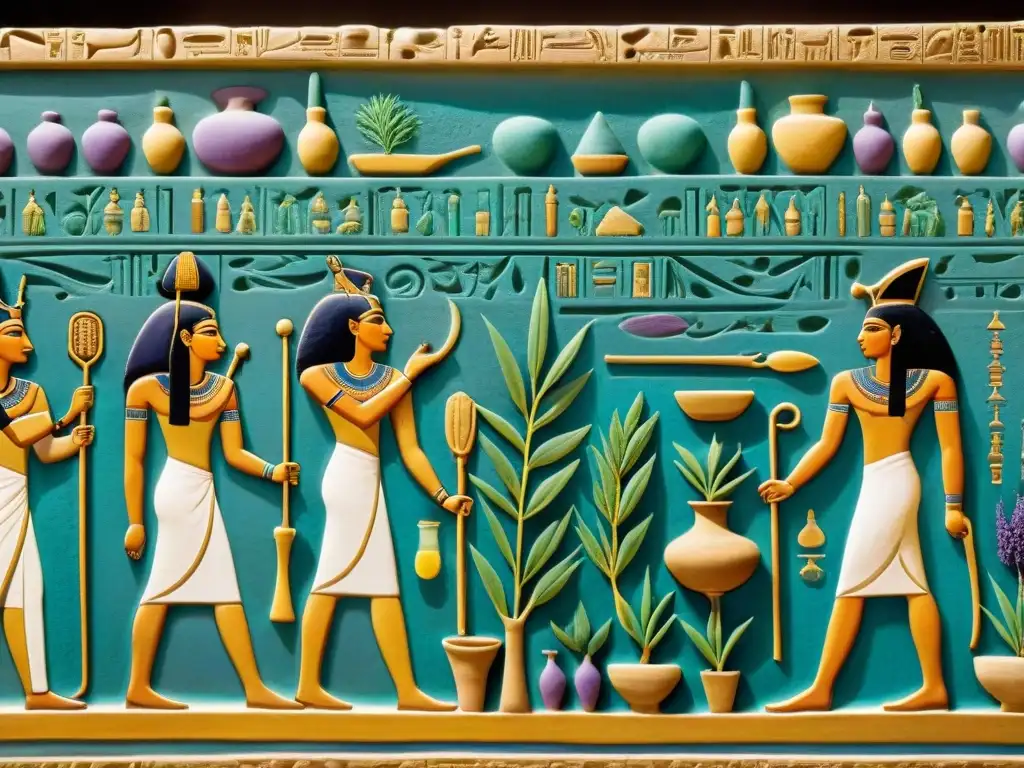 Escena egipcia: extracción de aceites esenciales Escena detallada de antiguo Egipto: artesanos y sacerdotes elaboran aceites esenciales de plantas aromáticas