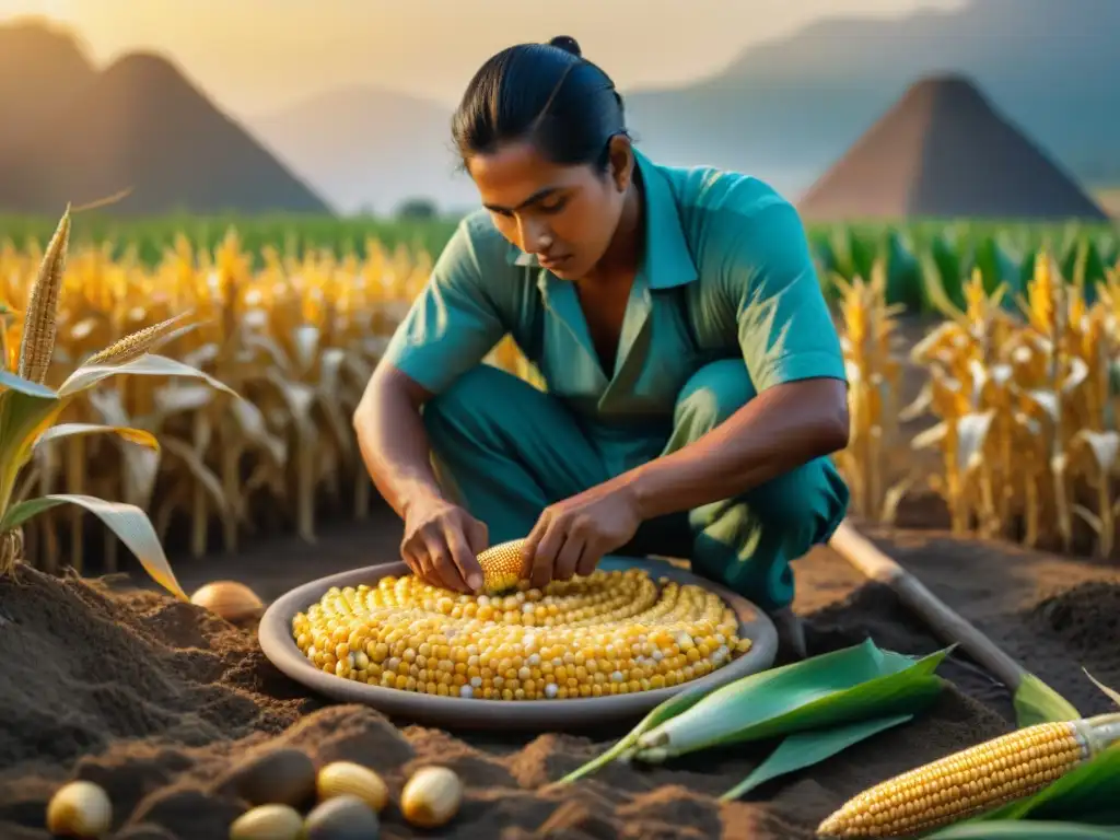 Escena detallada de antiguos agricultores mesoamericanos cruzando mazorcas de maíz bajo el sol poniente