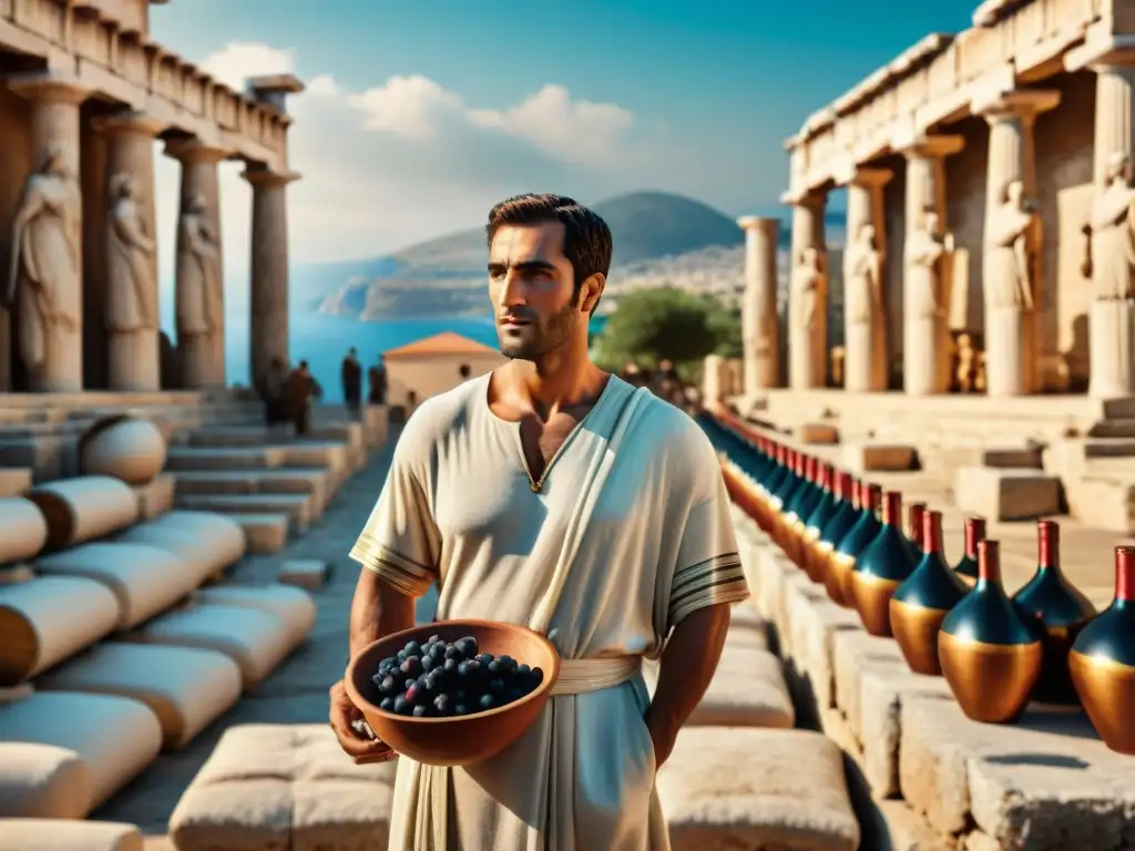 Escena detallada de un bullicioso mercado en la antigua Grecia, resaltando el comercio de vinos en Grecia