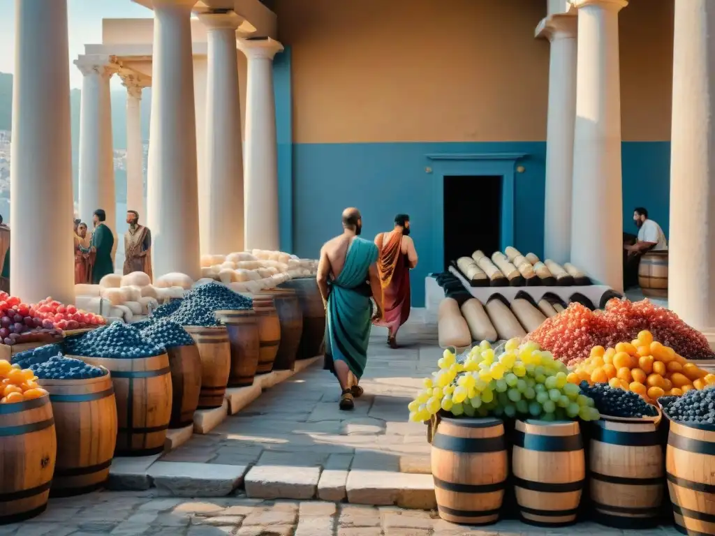 Escena detallada del bullicioso mercado griego antiguo, con comercio de vinos y clientes regateando