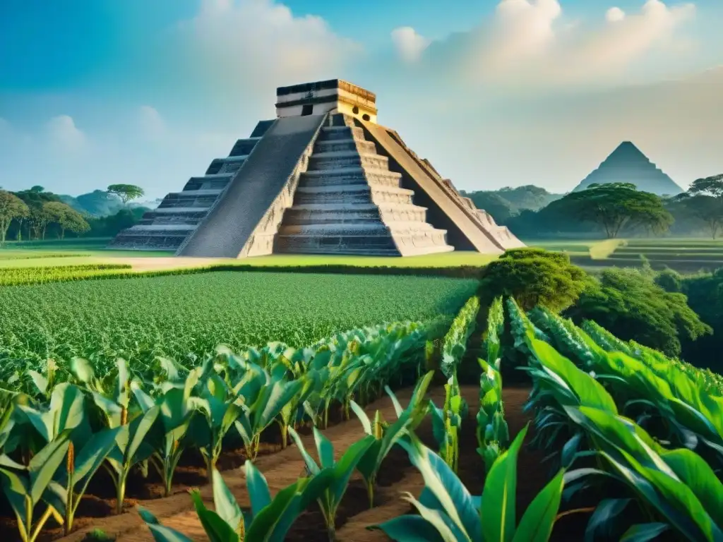 Una escena detallada de un campo agrícola maya, con agricultores en trajes tradicionales, terrazas y pirámide