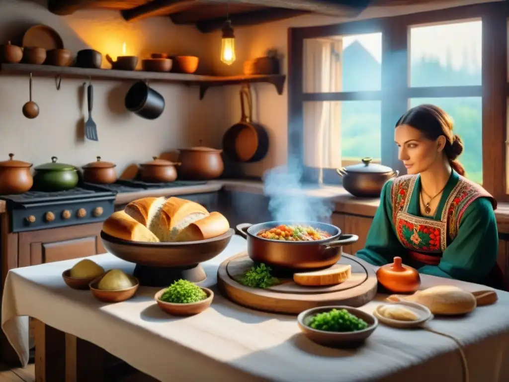 Una escena detallada de una cocina eslava antigua con influencia moderna, llena de comida y calidez