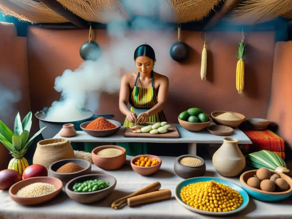 Escena detallada de cocina precolombina con herramientas de cocina de civilizaciones antiguas en entorno tropical vibrante