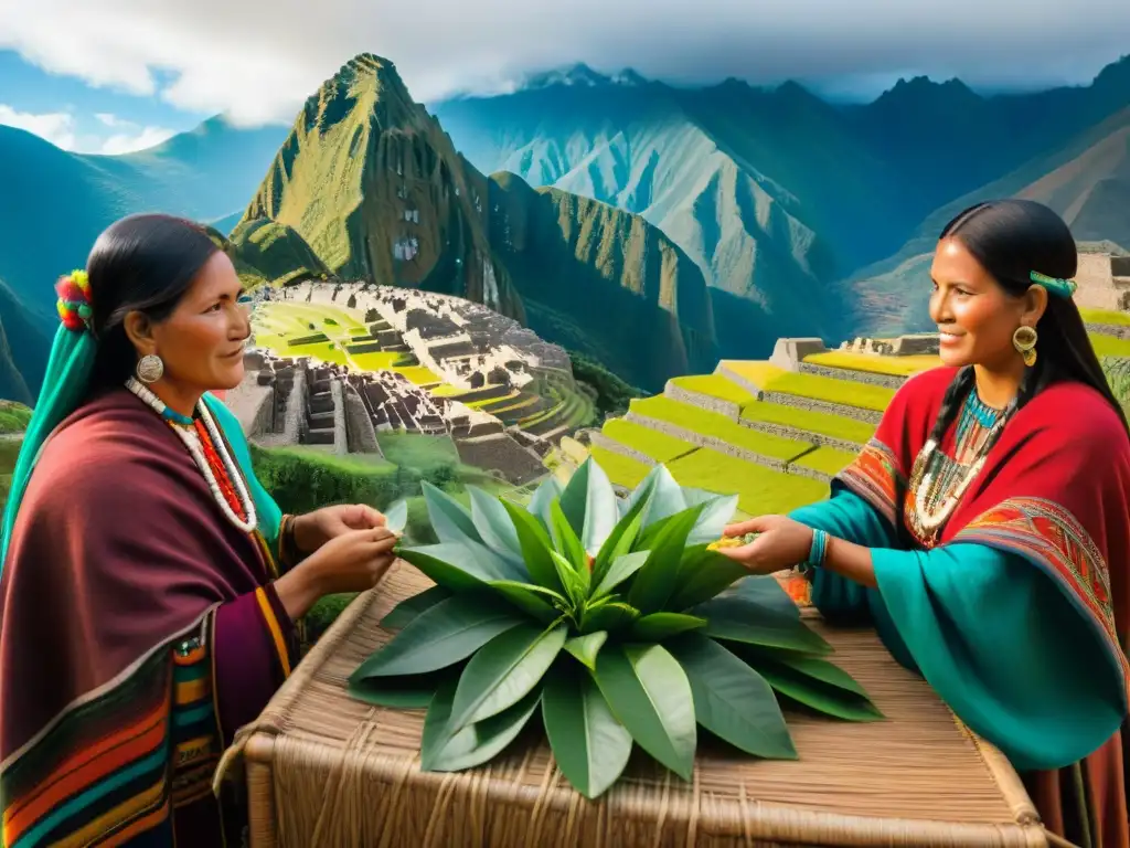 Escena detallada de comerciantes incas intercambiando hojas de coca en un bullicioso mercado, resaltando las estrategias económicas de los incas