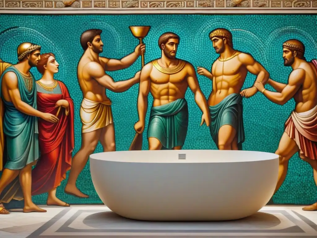 Escena detallada de la economía de la belleza en Roma representada en un lujoso mosaico romano