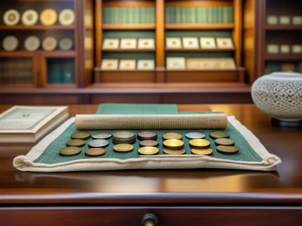 Una escena detallada de un escritorio de madera antiguo cubierto de monedas y sellos antiguos, meticulosamente organizados