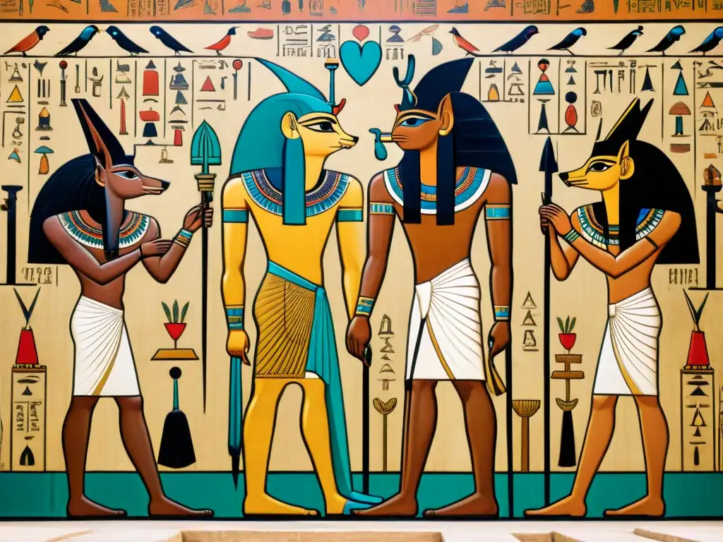 Escena detallada del Juicio moral en el Más Allá Egipcio: Anubis pesa el corazón del difunto ante la pluma de Ma'at, con Thoth y Osiris presentes