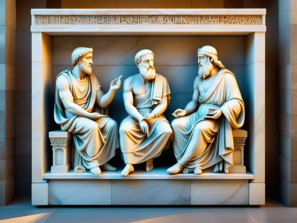 Escena detallada de relieve de mármol con Platón y Aristóteles en ágora griega, capturando intercambio filosófico