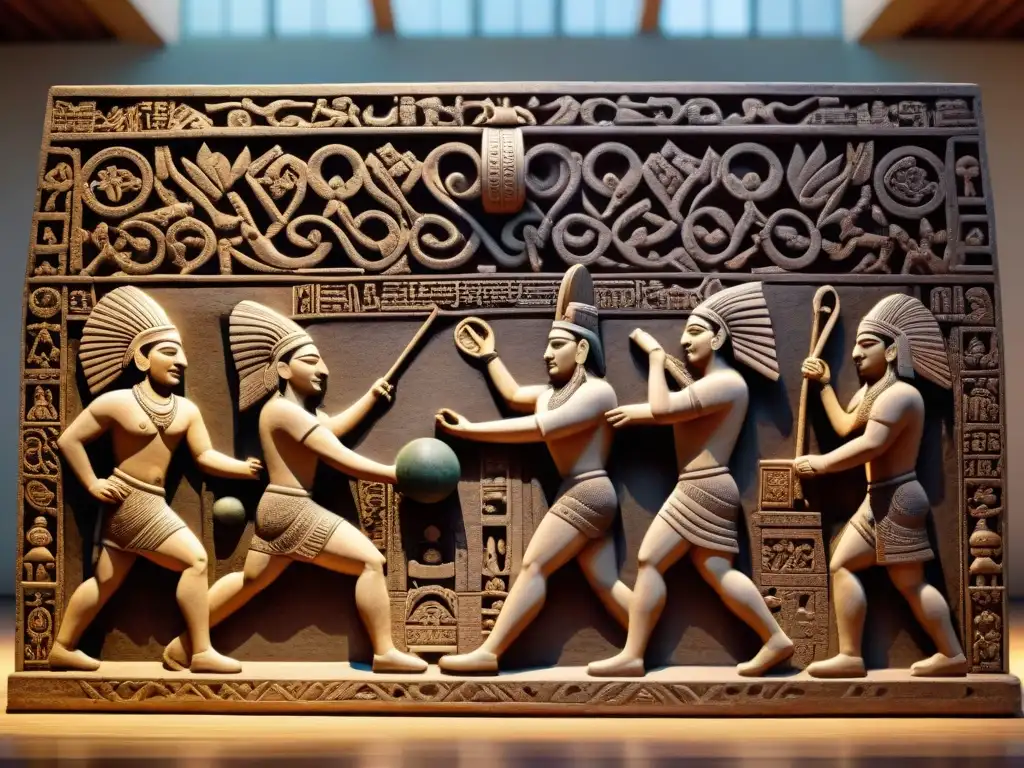 Escena detallada del ritual juego de pelota mesoamericano en relieve de piedra