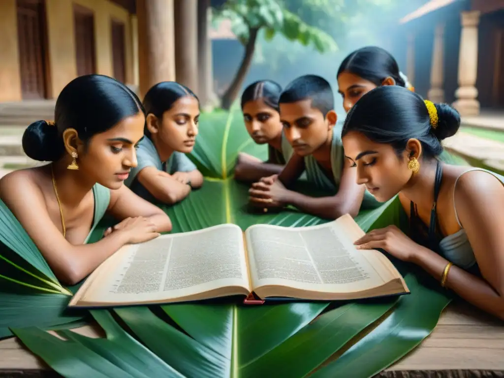 Escena educativa en India antigua: estudiantes y maestro en aula, en medio de estudio y enseñanza en un entorno histórico y cultural