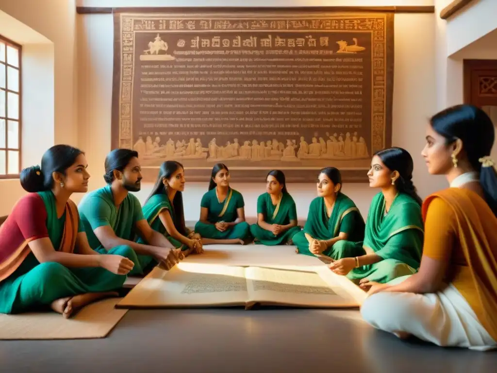 Escena educativa en la India antigua: estudiantes y maestro en aula tradicional ricamente decorada con lámparas de aceite