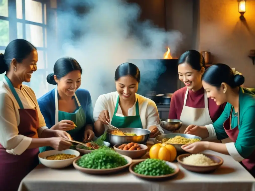 Una escena emotiva de preparación de platillos ancestrales en comunidad, celebrando la conexión con las tradiciones culinarias