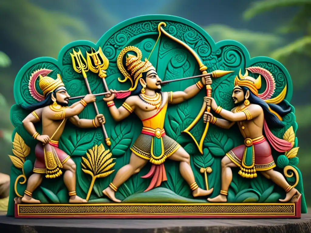 Escena épica del Ramayana: Lord Rama enfrentando a Ravana en tallado de piedra detallado