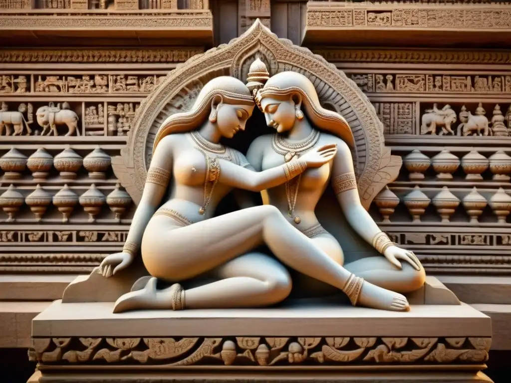 Escena erótica de amantes entrelazados en templo de Khajuraho, India