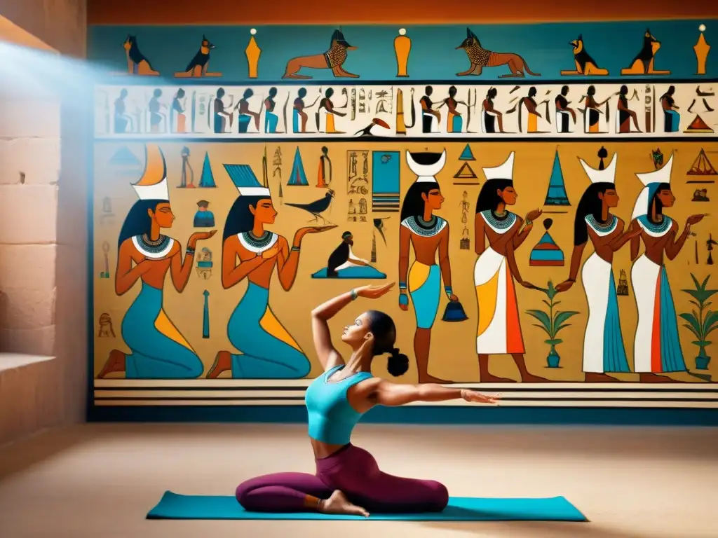 Escena espiritual en el antiguo Egipto: mural detallado de yoga en templo con hieroglíficos, fusionando arte egipcio y prácticas espirituales