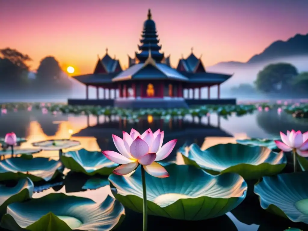 Escena espiritual: estanque con lotos rosados y reflejo de pagoda