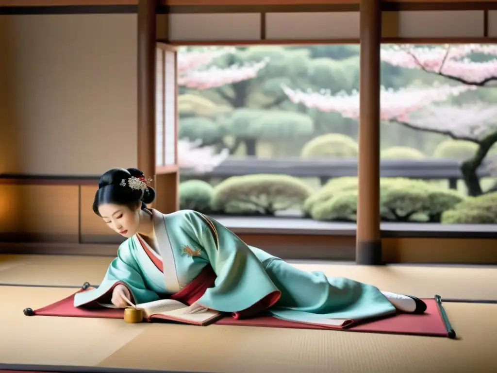 Una escena exquisita de literatura japonesa antigua: nobles en palacio Heian, rodeados de kimonos y herramientas de caligrafía