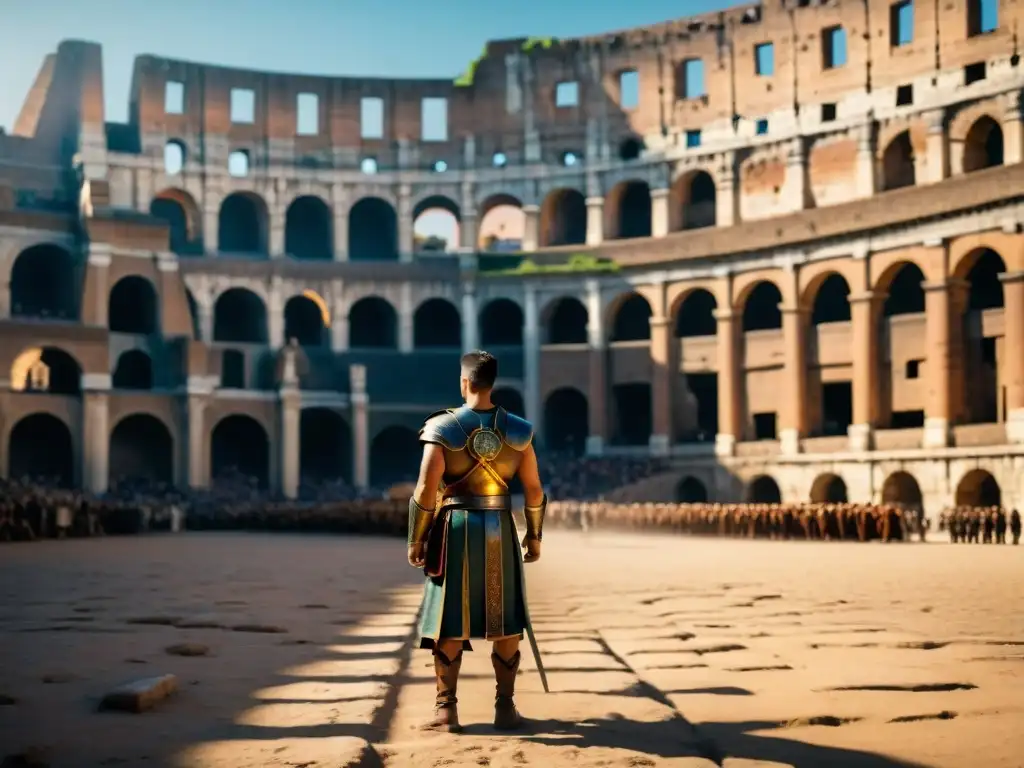 Escena icónica de 'Gladiator': Maximus en el Coliseo rodeado de monumentos antiguos en cine