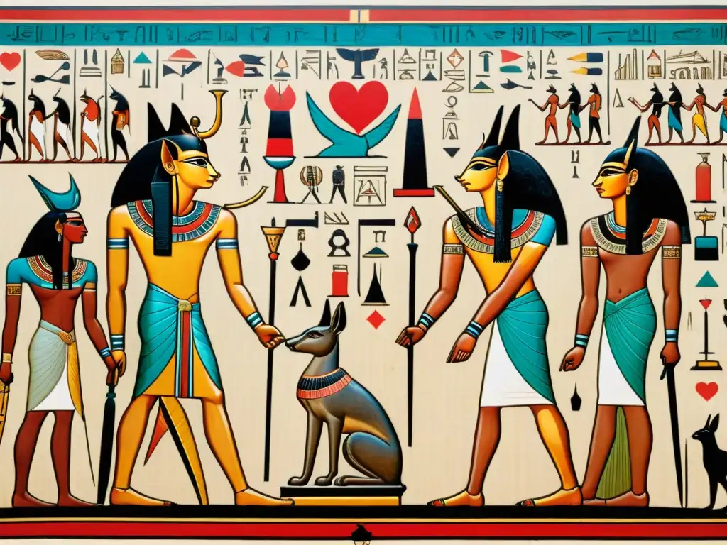 Escena del Juicio moral en el Más Allá Egipcio: Anubis pesando el corazón del difunto con la pluma de Ma'at en el Papiro detallado y colorido