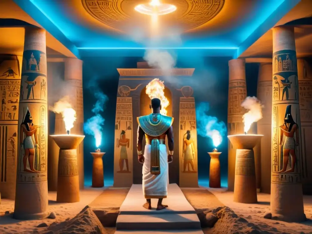 Templo egipcio ancestral: ritual místico y poder espiritual Escena mágica en el Antiguo Egipto: sacerdotes realizan ritual en templo con jeroglíficos iluminados por antorchas