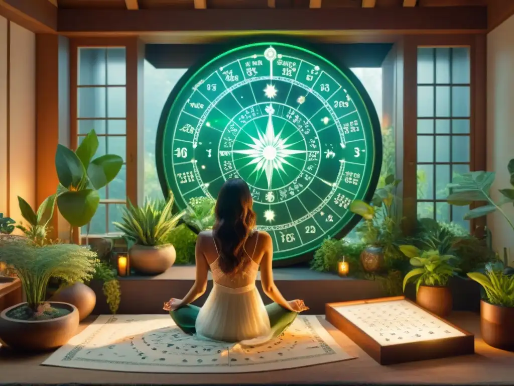 Una escena mágica de astrología para mejorar vida diaria: persona serena rodeada de plantas y cristales, frente a un detallado mapa astral