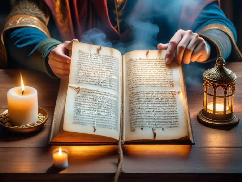 Escena mágica de las Profecías de Merlin en Artúricos, iluminada por velas en un manuscrito antiguo