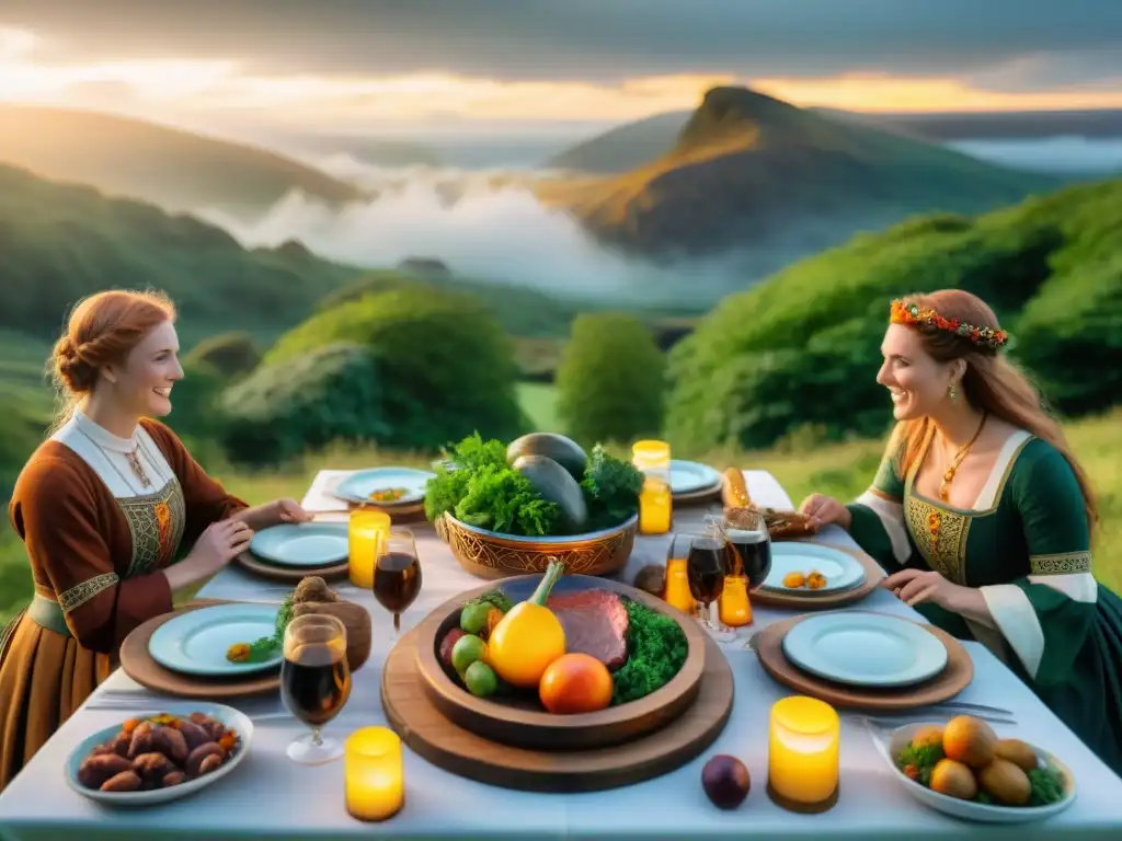 Una escena mágica de una vibrante fiesta celta en el bosque, con delicias culinarias y tradiciones ancestrales