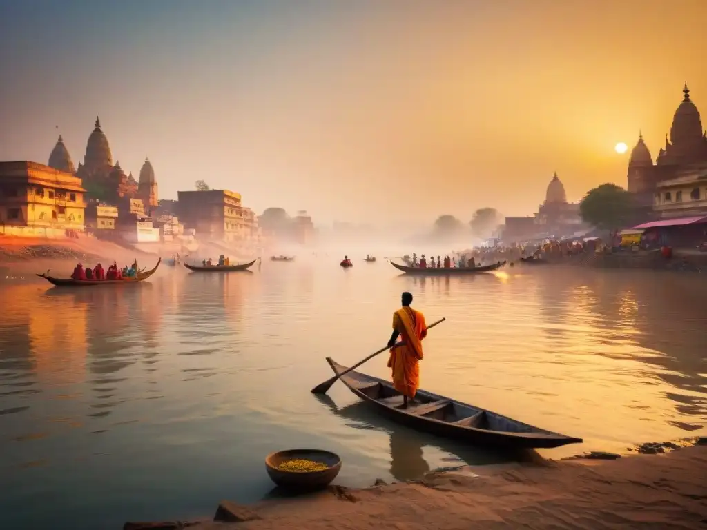 Escena matutina en el Ganges, con rituales de purificación en un ambiente místico al amanecer en Varanasi, India