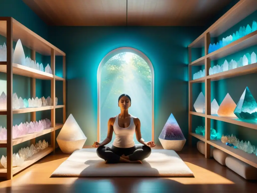 Escena de meditación con cristales brillantes en una habitación serena