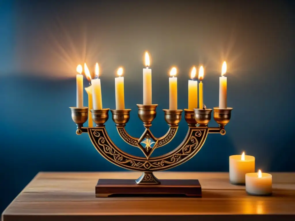 Una escena misteriosa de Hanukkah: luz cálida de velas iluminando una menora rodeada de artefactos históricos en una habitación tenue