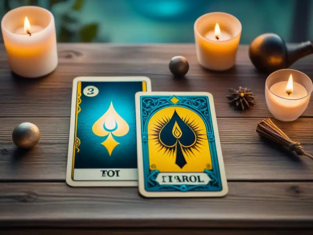 Una escena mística con cartas antiguas de Tarot en una mesa de madera, iluminadas por velas