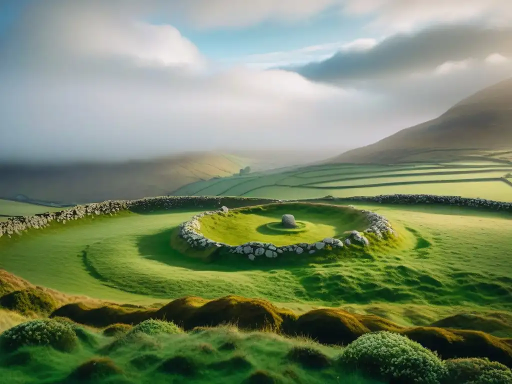 Escena mística de Irlanda celta: colinas verdes, cielo nublado y círculo de piedras