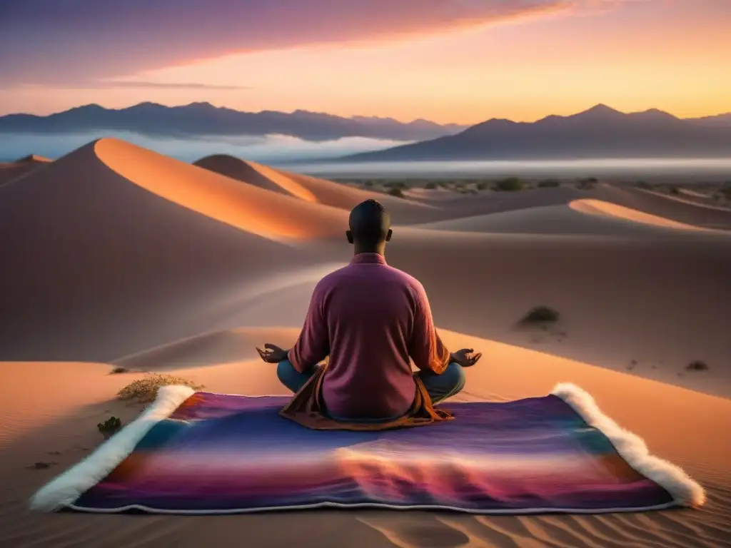 Escena mística de meditación en desierto al atardecer, conectando con técnicas ancestrales